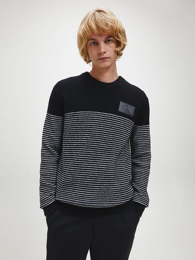 Calvin Klein Ruhák HU228998 | Calvin Klein Wool Textured Stripe Férfi Pulóver Fekete